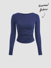Thermal Cotton-blend Boat Neck Solid Ruched Long Sleeve Tee