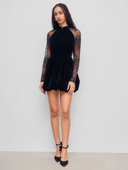 Velvet Mandarin Collar Bubble Hem Lace Mini Dress