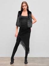 Mid Rise Ruched Fringe Asymmetrical Midi Skirt