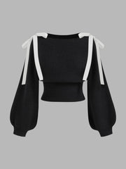 Knit Boat Neck Bowknot Crop Oversized Sweater