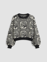 Knit Round Neckline Aztec Floral Long Sleeve Sweater Curve & Plus