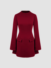 High Neck Solid Long Sleeve Mini Dress