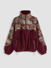 Fleece Collar Floral Cat Drawstring Sweatshirt Curve & Plus