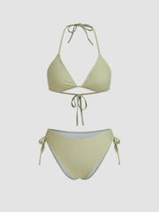 Halter Neckline Drawstring Knotted Tie Side Bikini Set