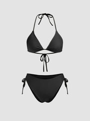 Halter Neckline Drawstring Knotted Tie Side Bikini Set
