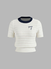Knit Eyelet Contrasting Binding Bowknot Short Sleeve Top