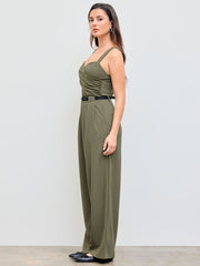 V-neck Solid Ruched Wrap Jumpsuit With Belt