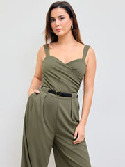 V-neck Solid Ruched Wrap Jumpsuit With Belt