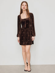 Velvet Square Neck Bowknot Ruffle Mini Dress
