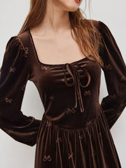 Velvet Square Neck Bowknot Ruffle Mini Dress