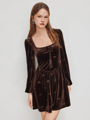Velvet Square Neck Bowknot Ruffle Mini Dress