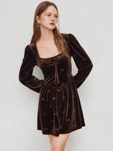 Velvet Square Neck Bowknot Ruffle Mini Dress