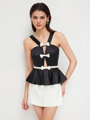 V-neck Bowknot Cut Out Ruffle Hem Top