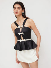 V-neck Bowknot Cut Out Ruffle Hem Top