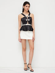 V-neck Bowknot Cut Out Ruffle Hem Top