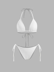 Ribbing Halter Neckline Knotted Halter Tie Side Bikini Set