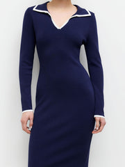 Knit V-neck Solid Contrasting Binding Midi Dress