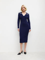Knit V-neck Solid Contrasting Binding Midi Dress