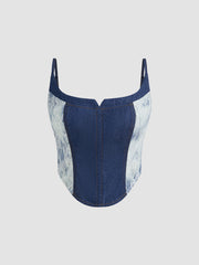 Denim U-neckline Lace Patchy Cami Crop Top