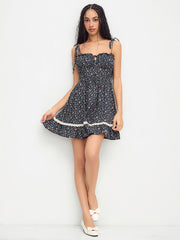 100% Cotton Sweetheart Floral Knotted Tiered Mini Dress