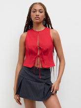 Linen-blend Round Neckline Solid Knotted Cut Out Top