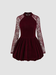 Velvet Mandarin Collar Bubble Hem Lace Mini Dress