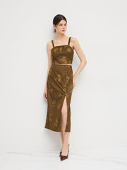 Corduroy Square Neck Floral Crop Tank Top & Mid Rise Split Maxi Skirt