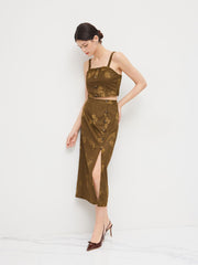 Corduroy Square Neck Floral Crop Tank Top & Mid Rise Split Maxi Skirt