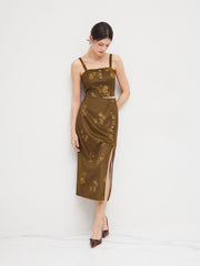 Corduroy Square Neck Floral Crop Tank Top & Mid Rise Split Maxi Skirt