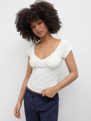 Lace V-neck Floral Short Sleeve Tee