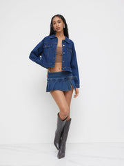 Stretch Denim Low Rise Split Pleated Mini Skirt