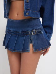 Stretch Denim Low Rise Split Pleated Mini Skirt