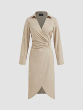 100% Cotton V-neck Ruched Knotted Wrap Midi Dress