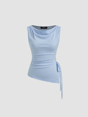 Cowl Neck Ruched Split Knotted Asymmetrical Tank Top