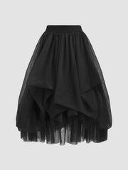 Voluminous Mesh Mid Rise Ruffle Tulle Maxi Skirt