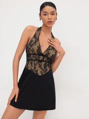 Lace Halter Neckline Floral Mini Dress