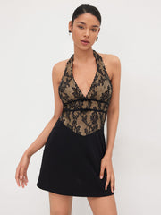 Lace Halter Neckline Floral Mini Dress