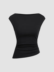 CIDERCONTOUR Double Layered Boat Neck Asymmetrical Ruched Tank Top
