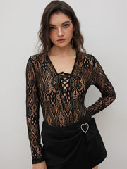Lace V-neck Knotted Bodysuit