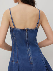 Denim Sweetheart Neckline Pleated Mini Dress