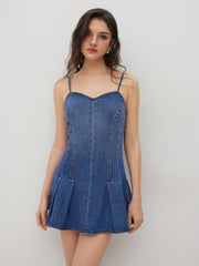 Denim Sweetheart Neckline Pleated Mini Dress