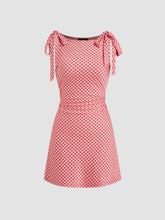 Boat Neck Gingham Bowknot Mini Dress