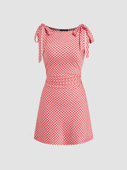 Boat Neck Gingham Bowknot Mini Dress