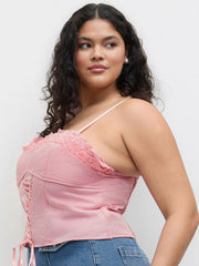 Woven Square Neck Lace Up Shirred Lace Trim Corset Cami Top Curve & Plus