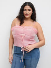 Woven Square Neck Lace Up Shirred Lace Trim Corset Cami Top Curve & Plus