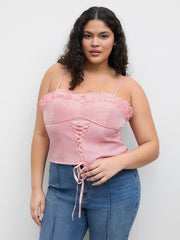 Woven Square Neck Lace Up Shirred Lace Trim Corset Cami Top Curve & Plus