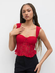 Lace Bowknot Lettuce Trim Corset Crop Tank Top