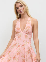 Mesh Halter Neckline Floral Ruffle Midi Dress