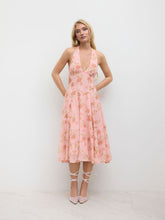 Mesh Halter Neckline Floral Ruffle Midi Dress