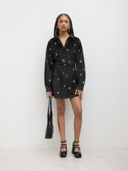 Corduroy Shirt Floral Embroidery Belted Mini Dress